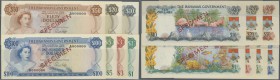 Bahamas: rare set of 7 SPECIMEN banknotes containing 1, 3, 5, 10, 20, 50 and 100 Dollars ND(1965) SPEICMEN P. 18s-20s and 22s-25s, all with serial let...