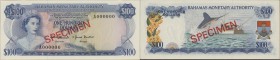 Bahamas: complete set of 8 Specimen notes from 1/2 to 100 Dollars P. 26s-33s without cancellation holes, zero serial numbers, red specimen overprint, ...