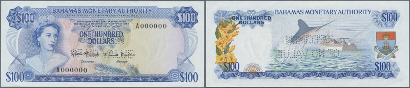 Bahamas: Bahamas Monetary Authority 100 Dollars L.1986 SPECIMEN, P.33s with perf...
