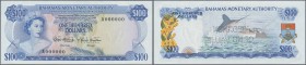 Bahamas: Bahamas Monetary Authority 100 Dollars L.1986 SPECIMEN, P.33s with perforation ”Specimen of no value” at center and serial number A000000 at ...