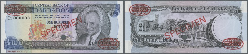 Barbados: 100 Dollars 1973 SPECIMEN, P.35s, punch hole cancellation and overprin...