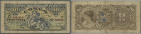 Belgian Congo: rare note 10 Francs 1896 P. 1b, 2 cancellation holes, used with several folds and stain in paper, many pinholes and 2 larger holes in p...