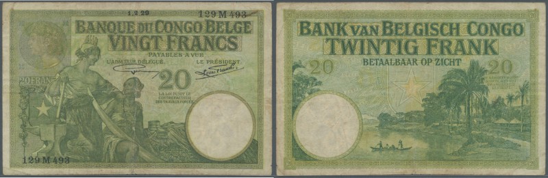 Belgian Congo: 20 Francs 1929 P. 10f, vertical and horizontal folds, pressed, no...