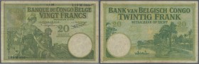 Belgian Congo: 20 Francs 1929 P. 10f, vertical and horizontal folds, pressed, no holes or tears, no repairs, still nice colors, condition: F.