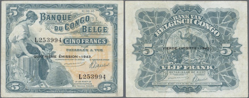Belgian Congo: 5 Francs 1943 P. 13Ab, handling in paper, no strong folds, no hol...