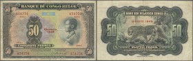 Belgian Congo: 50 Francs 1949 P. 16g, usedf with several folds, light stain in paper, no holes or tears, condition: F.