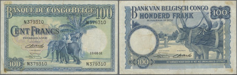 Belgian Congo: 100 Francs 1951 P. 17d, used with several folds, light stain in p...