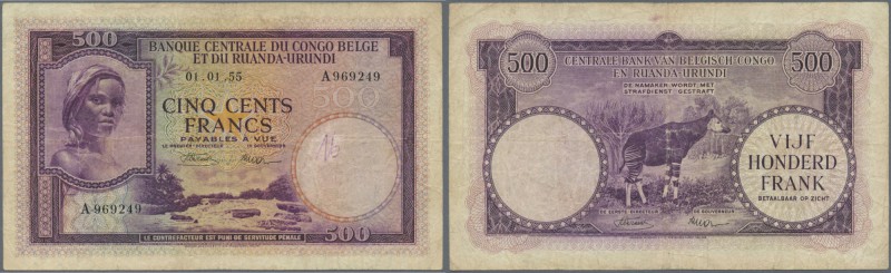Belgian Congo: 500 Francs 1955, P.28b, yellowed and stained paper with several f...