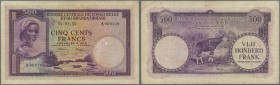 Belgian Congo: 500 Francs 1955, P.28b, yellowed and stained paper with several folds and creases, graffiti in watermark area at left center. Condition...