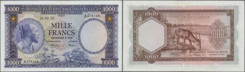 Belgian Congo: 1000 Francs 1955 P. 29b, exceptional condition for this type of n...