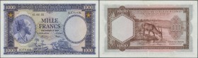 Belgian Congo: 1000 Francs 1955 P. 29b, exceptional condition for this type of note, 3 small pinholes at upper left, one center fold, light handling i...