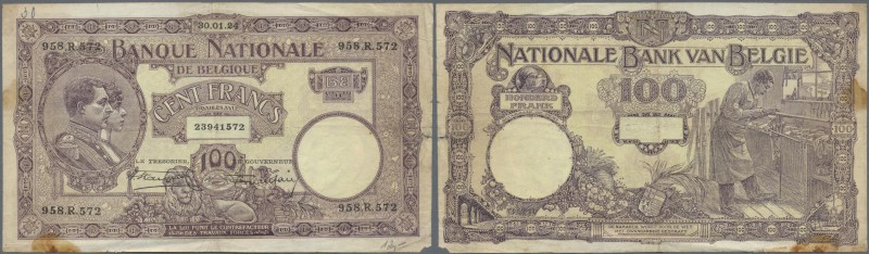 Belgium: set with 4 Banknotes 100 Francs 1924 and 1927, P.95 in almost well worn...