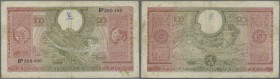 Belgium: 100 Francs = 20 Belgas 1943, P.123, small graffiti at upper center, several folds and stained paper. Condition: F
