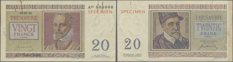 Belgium: 20 Francs 1950 Specimen P. 132as, a rarely seen specimen note with red ...