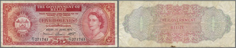 Belize: 5 Dollars 1975 P. 35a, used with folds and creases, 2 pinholes at right,...