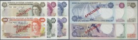 Bermuda: set of 6 SPECIMEN banknotes containing 1, 5, 10, 20, 50 and 100 Dollars 1978/1982/1984 P. 28s-33s all with regular serial number punch hole c...