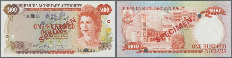 Bermuda: 100 Dollars 1982 Specimen P. 33as with regular serial number and cancel...