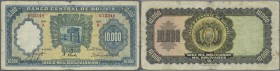 Bolivia: 10.000 Bolivianos 1942 P. 137, ised with folds, stronger center fold, border tears, center hole, center hole, small piece of tape at upper bo...