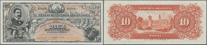 Bolivia: Banco Francisco Argandoña 10 Bolivianos 1893 SPECIMEN, P.S143s with ser...