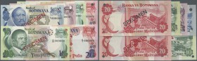 Botswana: set of 6 Specimen notes containing 2-20 Pula ND(1976-79) P. 2s-5s and 10 & 20 Pula ND(1982-83) P. 2s-5s, 9s-10s, all in condition: UNC. (6 p...