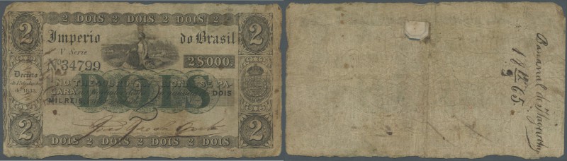 Brazil: 2 Mil Reis ND(1843-60) P. A220, used with many folds and creases, staine...