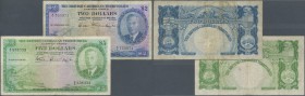 British Caribbean Territories: set of 2 notes containing 2 Dollars 1950 P. 2 (VG) and 5 Dollars 1951 P. 3 (F-), nice set. (2 pcs)