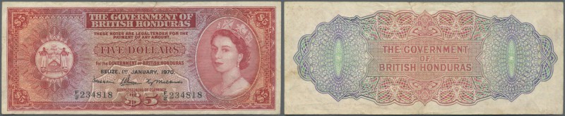 British Honduras: 5 Dollars 1970 P. 30c, used with folds and creases, one 0,5 cm...