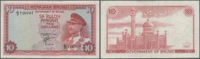 Brunei: Government of Brunei 10 Ringgit 1967 with portrai of Sultan Saifuddin III, P.3 nice and attractive note with some folds and minor spots. Proba...