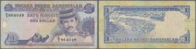 Brunei: 1 Ringgit P. 13 used but with error print, missing signature titles and signatures at center, rare error, condition: F to F+.