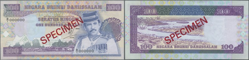 Brunei: 100 Ringgit 1989 Specimen P. 17s, light dint at upper border, condition:...