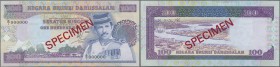Brunei: 100 Ringgit 1989 Specimen P. 17s, light dint at upper border, condition: aUNC.