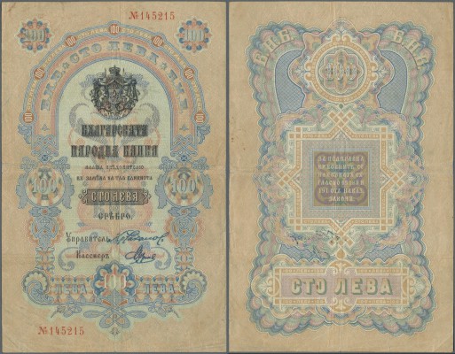 Bulgaria: 100 Leva ND(1904) P. 5b, used with several folds and creases, lower bo...