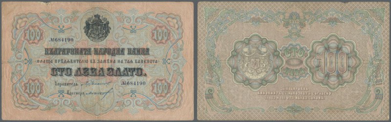 Bulgaria: 100 Leva ND(1906) P. 11c, used with several folds, a small damage at u...