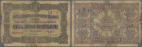 Bulgaria: 5 Silver Leva ND(1917), P.21, 5 times perforated ”поништено” in well worn condition with small missing parts at left border, stained paper a...