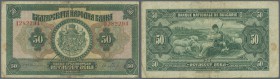 Bulgaria: 50 Leva 1922, P.37 in well worn condition with stained paper and several folds and creases. Condition: F-
