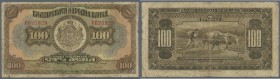 Bulgaria: 100 Leva 1922 P. 38 in stronger used condition with several folds, stains and creases, center hole but no large tears, condition: F-.