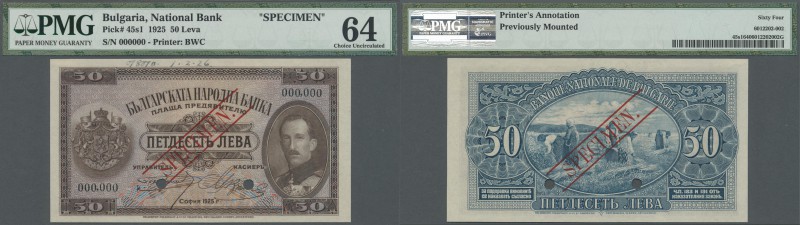 Bulgaria: 50 Leva 1925 SPECIMEN, P.45s, tiny printers annotations at upper margi...