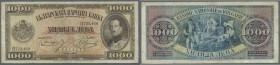 Bulgaria: 1000 Leva 1925 P. 48 in used condition with several folds and light staining in paper, very strong center fold, no holes, condition: F-.