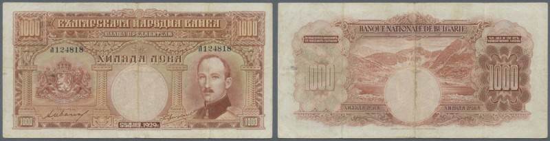 Bulgaria: 1000 Leva 1929 P. 53 in used condition with several folds and light st...