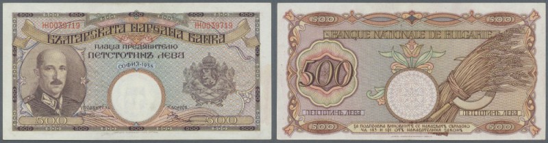 Bulgaria: 500 Leva 1938 P. 55, only light center fold and light handling in pape...