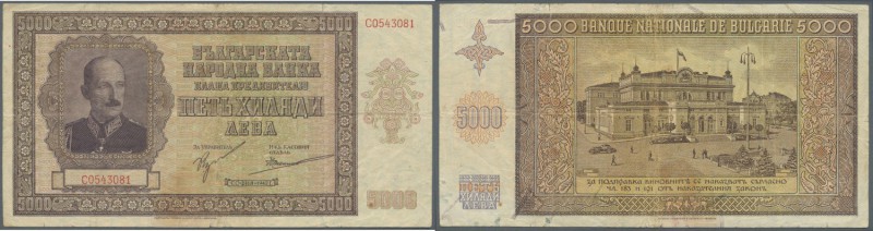 Bulgaria: 5000 Leva 1942, P.62, highly rare note with stained paper, several fol...