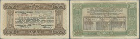 Bulgaria: 1000 Leva bond issue 1945, P67O, slightly stained paper with several folds. Condition: F