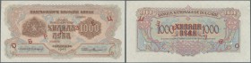 Bulgaria: 1000 Leva 1945 Goznak series with russian overprint SPECIMEN, P.72s with a very soft diagonal bend at left border and a few minor spots. Con...