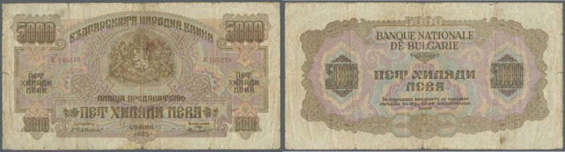 Bulgaria: 5000 Leva 1945 P. 73, used with folds and stainings, border tears but ...