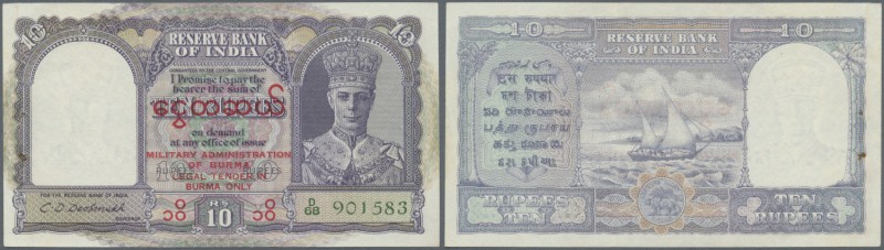 Burma: 10 Rupees ND with red overprint P. 28, 2 pinoles at left, one corner fold...