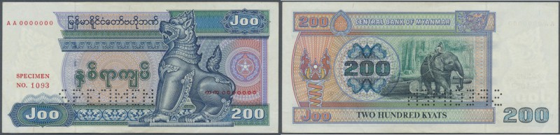 Burma: 200 Kyats ND Specimen P. 75s, zero serial numbers, specimen perforation, ...