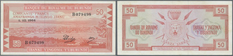 Burundi: 50 Francs 1964 P. 11a, light center fold and light handling in paper, n...