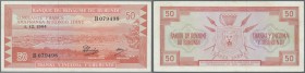 Burundi: 50 Francs 1964 P. 11a, light center fold and light handling in paper, no holes or tears, strong colors and paper, condition: VF.