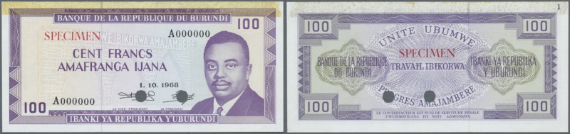 Burundi: 100 Francs 1968 Specimen P. 23a, with yellow glue trace from former mou...