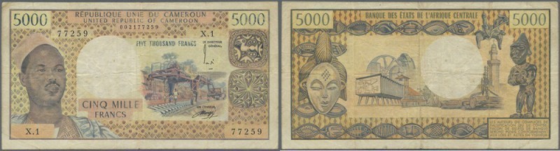 Cameroon: 5000 Francs ND(1974) P. 17b, used with several folds and light stain i...